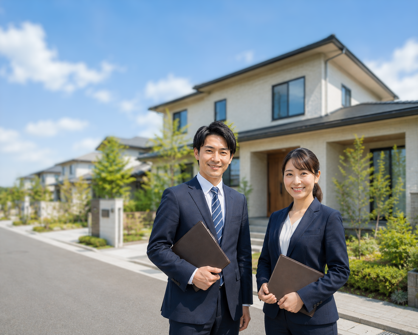 自宅の前で笑顔で微笑むミドル世代夫婦